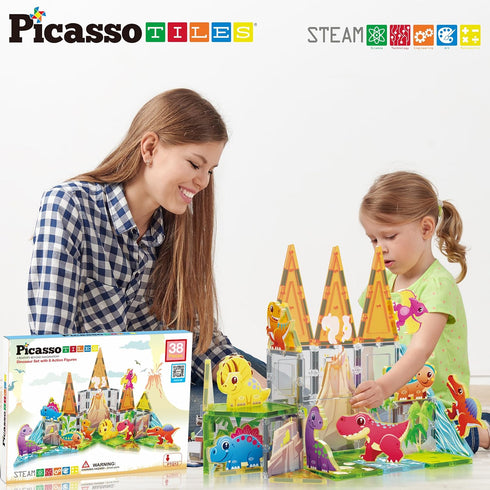 PicassoTiles Magnet Tiles Building Blocks, Dinosaur Theme Set with 8 Magnetized Action Figures, STEM Learning Activities