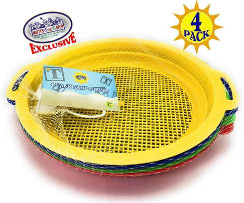 Set 4 Pack (8.75'' 9.75") Matty's Toy Stop Sand Sifter Sieves for Sand & Beach (Red, Blue, Yellow & Green) Complete