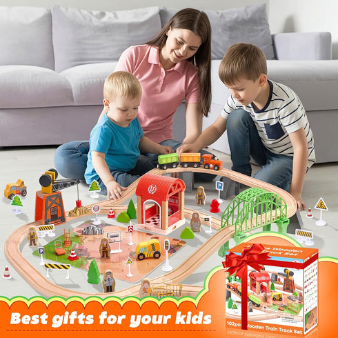 Set 102-Piece 3-8, Playset Wooden Train for Toddlers Kids Ages Double-Sided Expandable Train Track with Puzzles