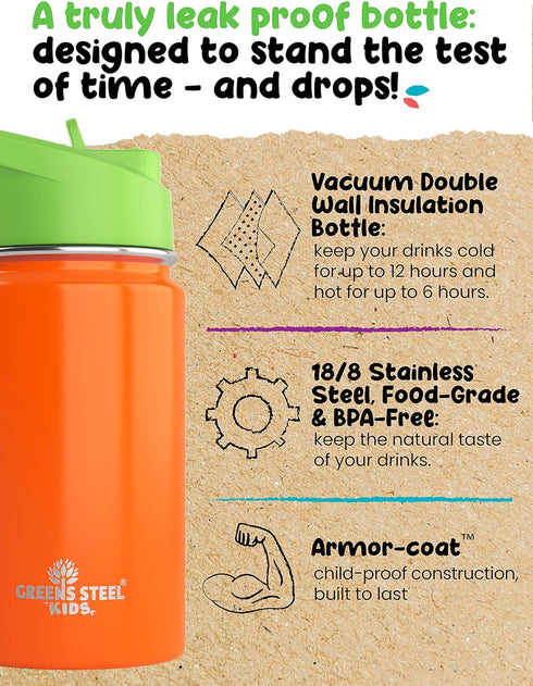 Kids Water Bottle - 12oz Orange | Leak Proof with Straw & Handle | Insulated, Double Wall Stainless Steel Flask