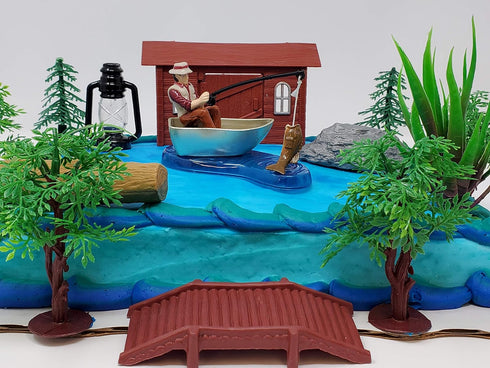Cake Toppers Set Gone Fishing Fisherman Themed Birthday Cake Topper Featuring Camping Angler in Boat with Decorative