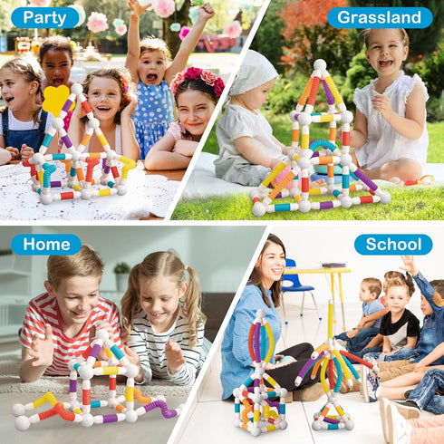 ROUSKY Set, 66 (66PCS) Magnetic Building Blocks Construction Pieces, Educational STEM Toy with Flexible Tubes