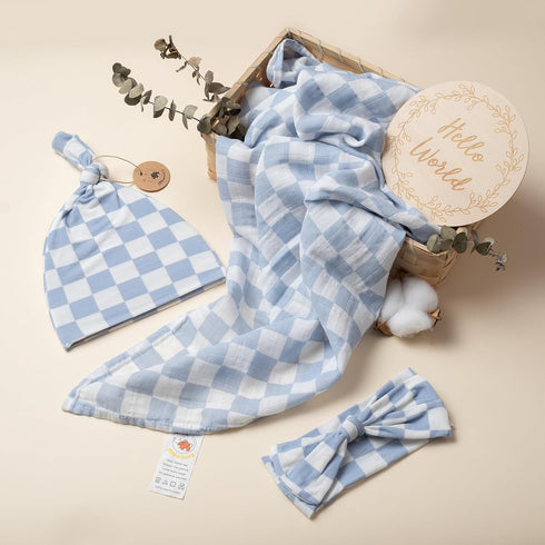Set, 100% Miaoberry Checkered Muslin Swaddle Organic Cotton, Mist Blue,Checkerboard, Gender-Neutral, with Matching Bow