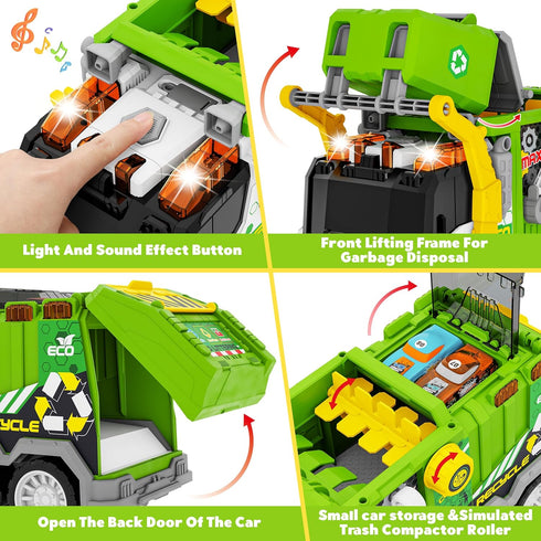 Set 2pcs 3 4 5 6 7 8 Large Friction Powered Garbage Truck Toy with Effect Sound, Ejecting Race Cars, Includes Dumpster