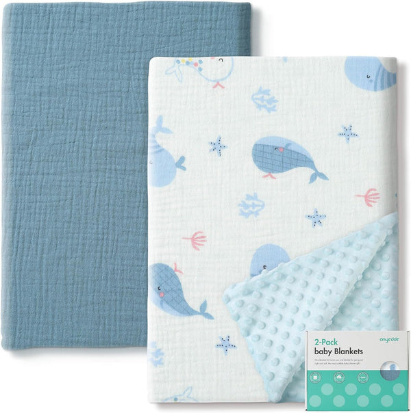ANYEDDE 2 Pack Baby Blankets with Muslin Cotton and Minky Dots for