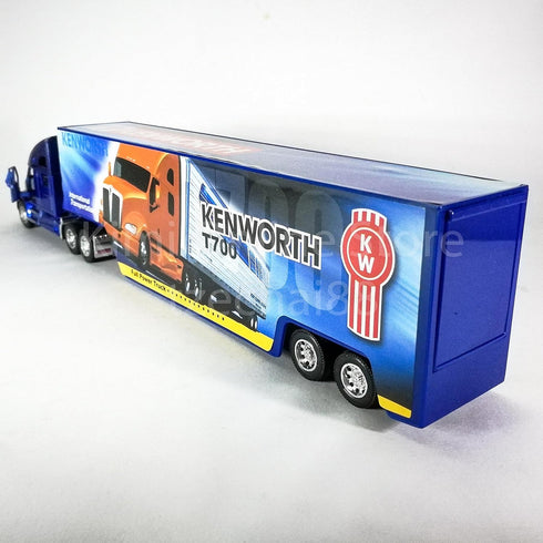 T700 1:68 Pullback KiNSMART Kenworth Container Truck, Scale, Die Cast Metal Model, Blue with Decals, Action