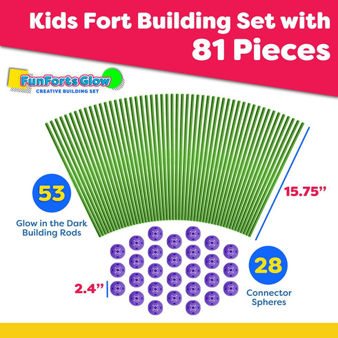 Fun Forts Glow Fort Building Kit for Kids - 81 Pack Glow in The Dark STEM Building Toys for Indoor Outdoor Play