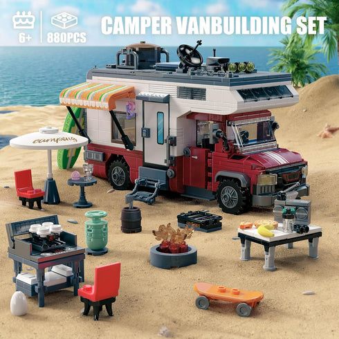 TYCOLE Set-Beach 6+(880 City Camper Van Building Camping Themed Construction Toy Kit with Mini Accessories&Lights, RV