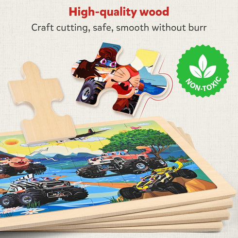 Box(12.2*9.4 24 3-5, 4-6, SYNARRY Large Wooden Monster Truck Puzzles for Kids Gift in), Piece Puzzles for Toddlers Wood