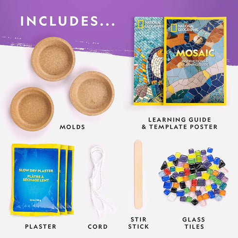 Mosaic Arts and Crafts Kit for Kids, Create 3 Glass Tile Mosaic Art Projects with Templates and Supplies