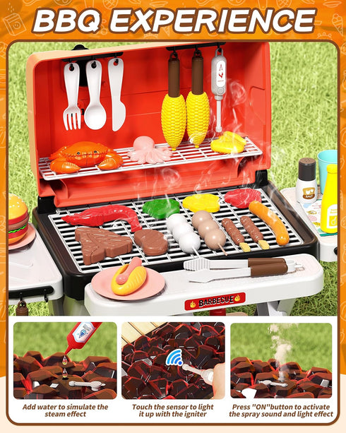 60Pcs Playset Set 3-8 Large Kids BBQ Grill with Real Steam, Sound & Light - Interactive Pretend Play Kitchen Toy