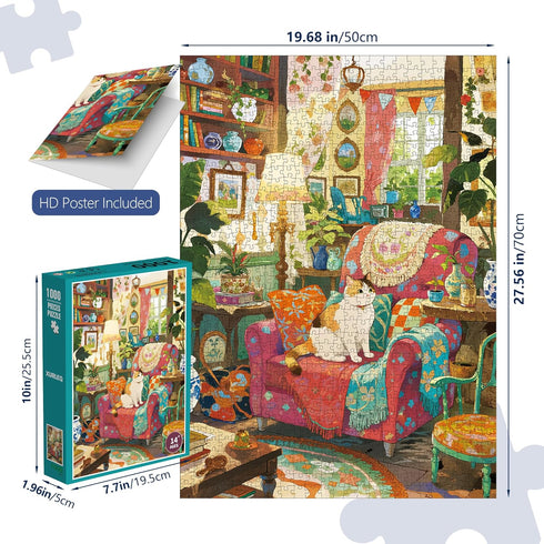 Cozy 1000 27.56 19.68 Inches, Room Jigsaw Puzzles Pieces for Adults -Challenging Cat Bookshelf Living Room Scene