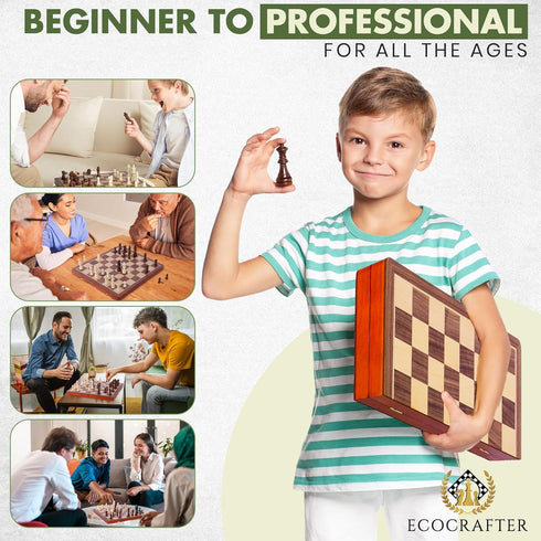 ECOCRAFTER 15'' 2 1 set (2 set Sets in Wooden Magnetic chess and checkers Extra Queens, Foldable Chess & Cotton Storage