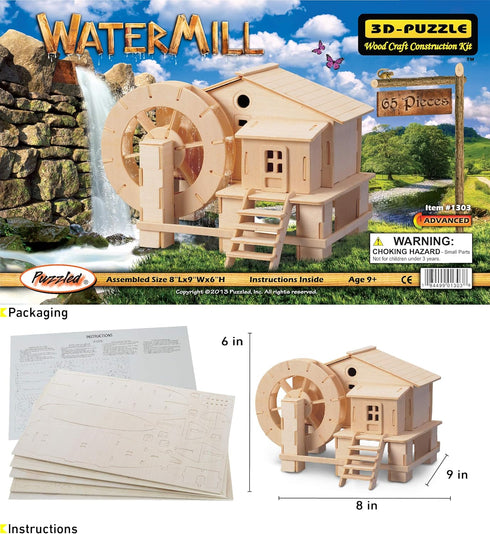 Puzzled 3D Puzzle Water Mill Set - Wood Craft Construction Model Kit, Fun Educational DIY Toy to Build and Paint