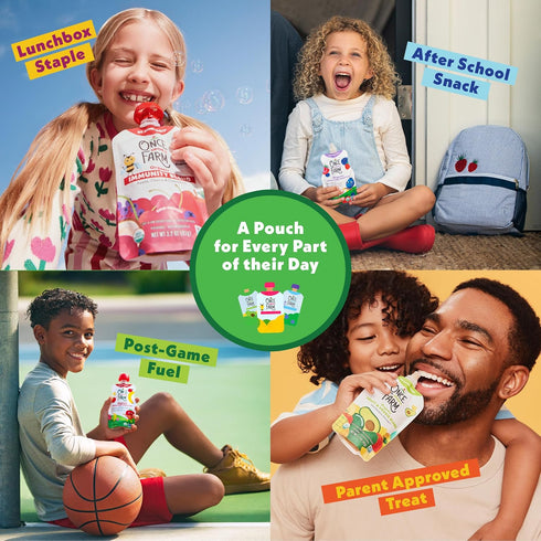 Immunity Multipack, 4-3.2oz Once Upon a Farm Organic Blend Mango, Banana & Spirulina and Apple, Cherry & Elderberry