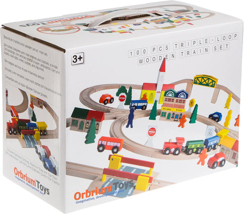 Orbrium Toys 100 Piece Triple Loop Wooden Train Set Track - Fits Thomas Brio