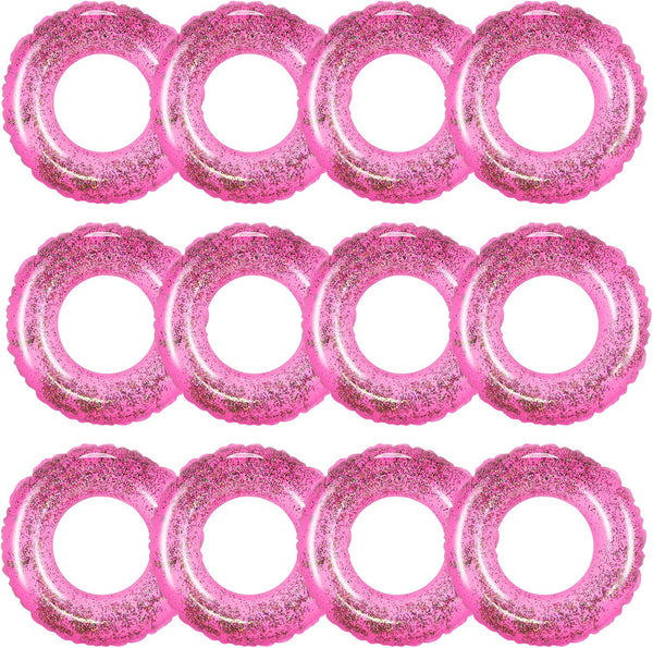 12Pcs Inflatable Pool Floats - Hot Pink Swim Tubes Rings, Glitter Sequin Swimming Pool Tube Toys for Kids, Teens,