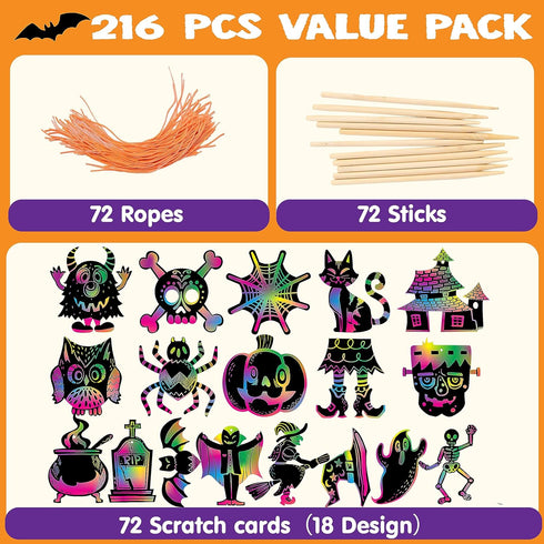 JOYIN 72 Pcs Halloween Rainbow Scratch Art Crafts - Halloween Party Favors, Scratch Off Paper with 18 Designs for Kids