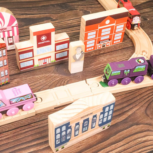 20 Set Community Pc Wooden City Play - Wooden Town Buildings and Street Signs for Play Mats, Toy Cars and Trains