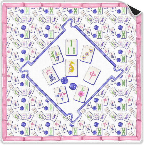 VIIJJUE Chinoiserie Mahjong Mat 31.5 x 31.5 In, Grandmillennial Blue and Pink Mahjong