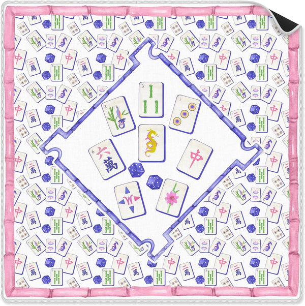 VIIJJUE Chinoiserie Mahjong Mat 31.5 x 31.5 In, Grandmillennial Blue and Pink Mahjong
