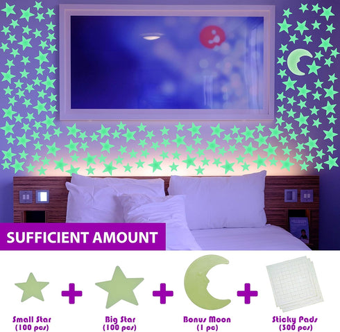 201 Pcs Ultra Glow in The Dark Stars with Bonus Large Moon Stickers Set, Luminous Different Sizes Fluorescent Stars