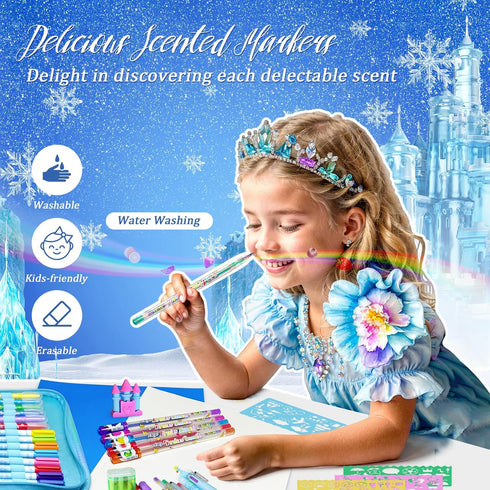 Washable Fruit Scented Markers Set, 53 PCS with Frozen Princess Castle Pencil Case, STEM Toys for Girls