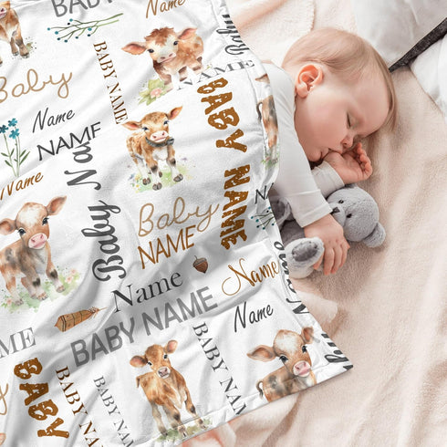 Novusopt Monogrammed Personalized Baby Blanket for Boys Cow Receiving Blanket Customized Soft Flannel