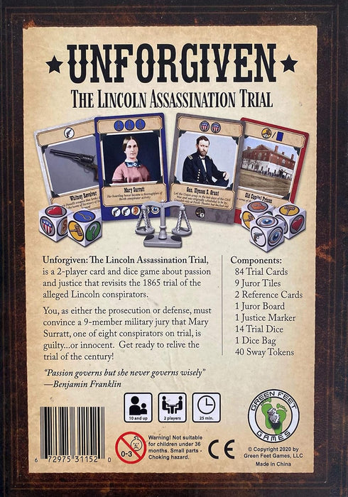 Unforgiven: The Lincoln Assassination Trial Board Game for 2 Players, Strategy, Historical Fun for Couples, Ages 14+