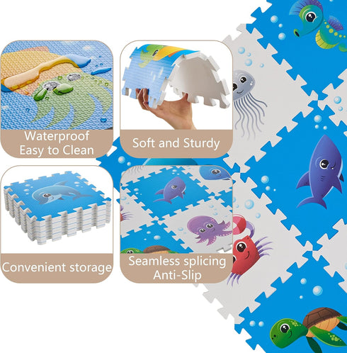 3434 Inches 9 Puzzle Play Mat, Foam Floor Tiles, Childrens Foam Puzzle Mat Baby Floor Play Mat Sea World Pieces, Edge