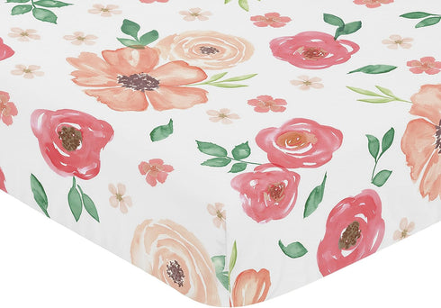 Sweet Jojo Designs Peach and Green Fitted Crib Sheet for Watercolor Floral Collection, Pink Rose Flower