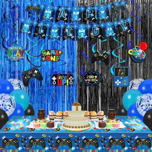 Blue Black Video Game Party Decorations, Happy Birthday Banner, Hanging Swirls, Balloons, Tablecloth Kit