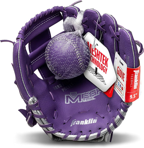 Franklin Sports Kids Baseball Glove + Foam Ball Set, Meshtek Youth Teeball Gloves for Kids + Toddlers, 9.5" Inch