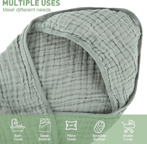 2 Pack 32 32 Inches, Synrroe Hooded Muslin Cotton Baby Towels (Green/Brown), by Ultra-Soft & Breathable for Baby Bath