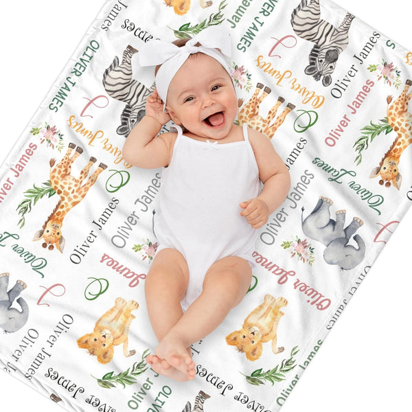 Novusopt Personalized Baby Blanket Safari with Name Custom Monogrammed Animal Receiving Blanket for