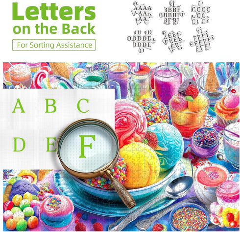 500 (23"x15") Piece Jigsaw Puzzle for Adults Colorful Ice Cream Candy Sweet Dessert with Letters on Back Cool Unique