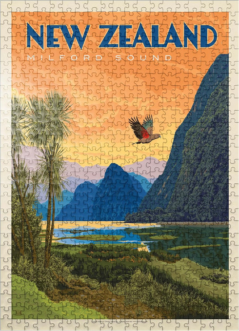 MyPuzzle New Zealand: Vintage Poster - Premium 500 Piece Jigsaw Puzzle for Adults, Milford Sound