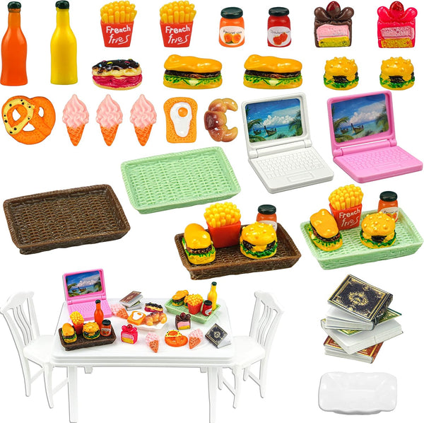 30 Pcs Miniature Food Drinks, Laptop Computer & Books Toys for Dollhouse Miniature Furniture Accessories