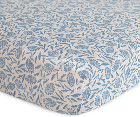 192 Count 28"x 52" mushie Extra Soft Muslin Fitted Crib Sheet | Thread | (Blue Flowers)