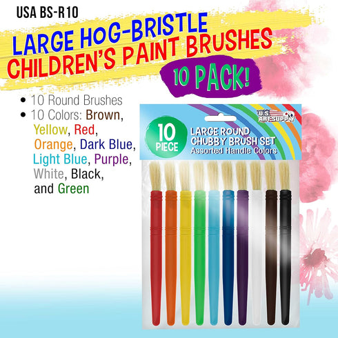U.S. Art Supply 10-Piece Large Round Hog Bristle Paint Brush Set for Beginners and School Crafts
