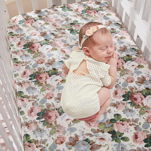 100% Country Brandream Fitted Crib Sheets for Girls Organic Cotton French Rose Floral Toddler Sheets Nursery Bed Sheet