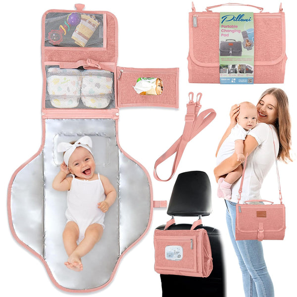Portable Changing Pad for Baby - Travel Diaper Changing Mat, Large Waterproof, Foldable & Detachable with Wipes Pockets