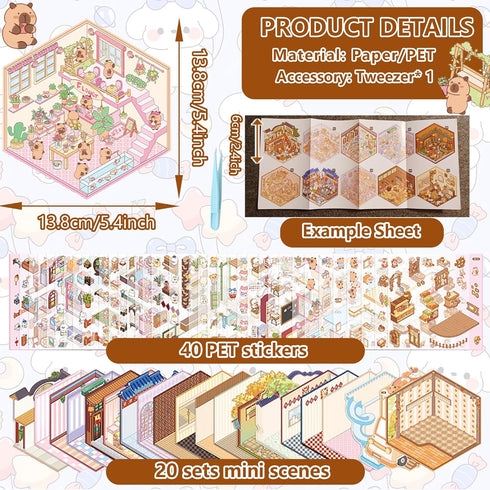 Generic 20 Sets 3D Box-Packed, Sticker Scene Craft Kit - with Tweezer & Reusable Miniature Cartoon House Stickers Fun