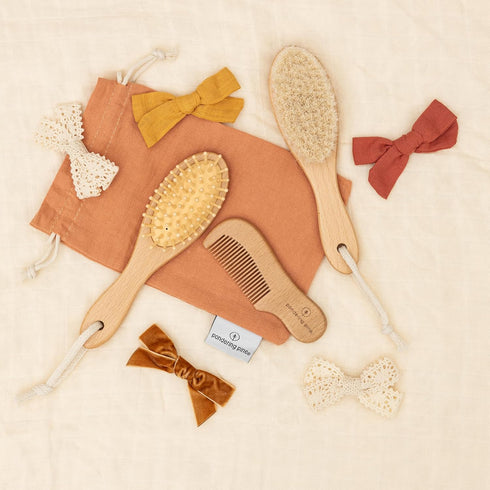 Set Natural Baby Brush - Wooden Brushes and Comb With Boho Travel Bag for Girl or Boy - Soft Goat Hair Brush for Cradle