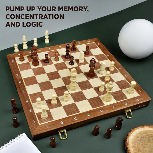 15-Inch Magnetic Chess Set - 2 in 1 Chess and Checkers Board Game for Adults and Kids, Tournament Chessboard
