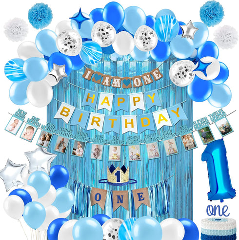 PartyHooman Boy 1st Birthday Decors: Package With Photo Banner, Backdrop, Crown, High