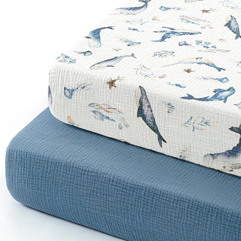 GRSSDER 100% Cotton Muslin Crib Sheet 2 Pack, Soft Breathable Fitted Sheets