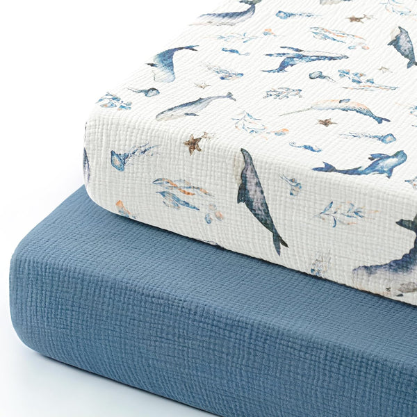 GRSSDER 100% Cotton Muslin Crib Sheet 2 Pack, Soft Breathable Fitted Sheets