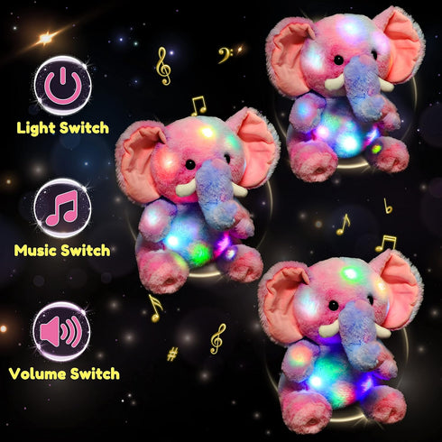 11'' Hopearl Colorful LED Musical Stuffed Elephant Light up Singing Plush Elephish Adjustable Volume Lullaby Animated