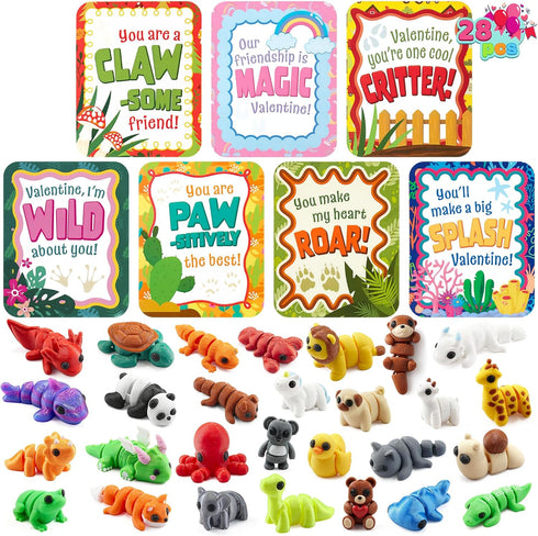 JOYIN 28 Pcs 3D Printed Mini Animals with Valentine Greeting Cards, Animals